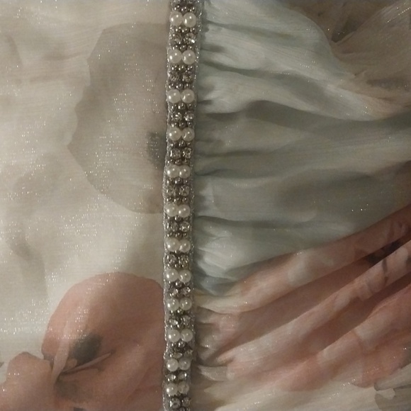 Butter Yellow Print Chiffon Sheath Beaded Waist Pastel Maxi Floral Evening Dress - Picture 9 of 9